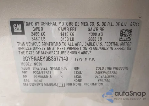 2011 Cadillac Srx Luxury Collection z USA, uszkodzony, nr VIN 3GYFNAEY0BS677149